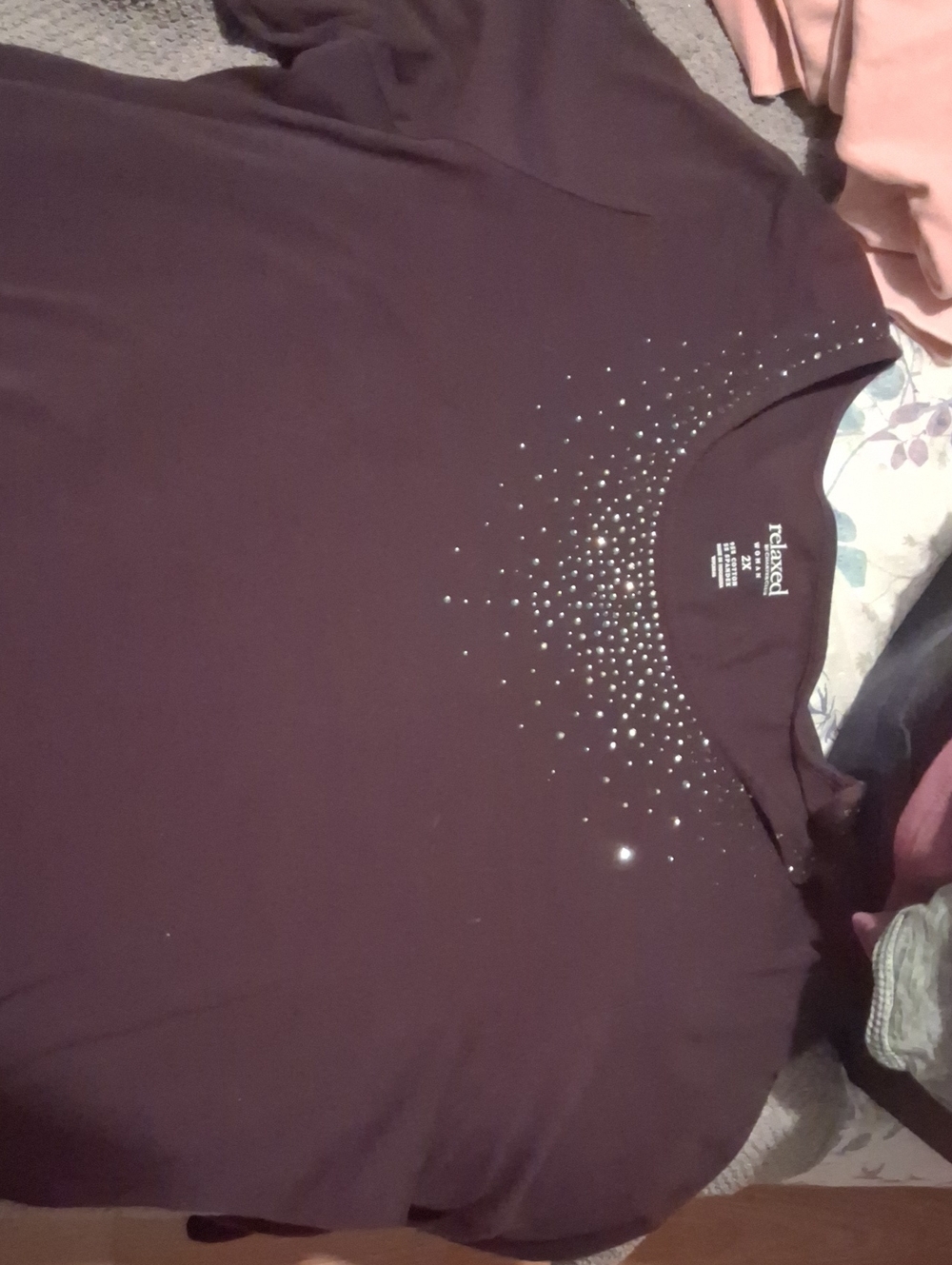 Relaxed Fit Long Sleeve Tee with Rhinestone Accents in Dark Plum